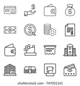 thin line icon set : card, investment, wallet, money bag, dollar arrow, virtual mining, account balance, cashbox, atm receipt, building, office, credit