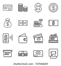 thin line icon set : card, coin stack, dollar, money bag, cashbox, receipt, mobile pay, wallet, credit, atm