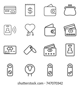 thin line icon set : card, receipt, wallet, purse, pass, cardio chip, credit, label, identity, do not distrub, sheep, please clean