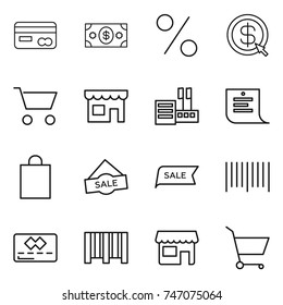 thin line icon set : card, money, percent, dollar arrow, cart, shop, store, shopping list, bag, sale, bar code, credit