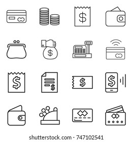 thin line icon set : card, coin stack, receipt, wallet, purse, money gift, cashbox, tap to pay, account balance, mobile, credit