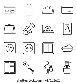 thin line icon set : card, shopping bag, credit, nipple, identity, power socket, switch, washing, window, blender, trash, liquid soap