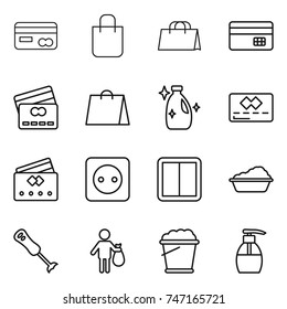 thin line icon set : card, shopping bag, credit, cleanser, power socket, switch, washing, blender, trash, foam bucket, liquid soap