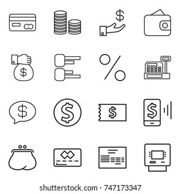 thin line icon set : card, coin stack, investment, wallet, money gift, diagram, percent, cashbox, message, dollar, receipt, mobile pay, purse, credit, invoice, atm