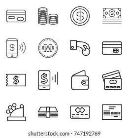 thin line icon set : card, coin stack, dollar, money, phone pay, crypto currency, hand, credit, receipt, mobile, wallet, cashbox, invoice
