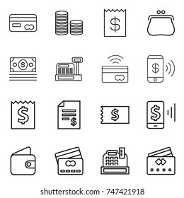 thin line icon set : card, coin stack, receipt, purse, money, cashbox, tap to pay, phone, account balance, mobile, wallet, credit