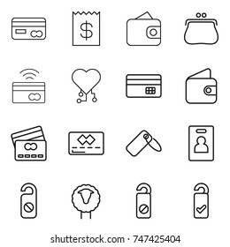 thin line icon set : card, receipt, wallet, purse, tap to pay, cardio chip, credit, label, identity, do not distrub, sheep, please clean