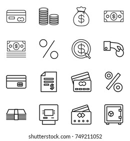 thin line icon set : card, coin stack, money bag, percent, dollar arrow, hand, credit, account balance, atm, safe