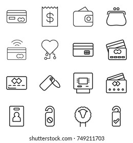 thin line icon set : card, receipt, wallet, purse, tap to pay, cardio chip, credit, label, atm, identity, do not distrub, sheep, please clean
