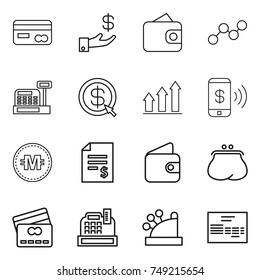 thin line icon set : card, investment, wallet, graph, cashbox, dollar arrow, up, phone pay, crypto currency, account balance, purse, credit, invoice