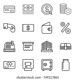 thin line icon set : card, money, dollar arrow, virtual mining, hand coin, receipt, wallet, percent, cashbox, atm, office, credit, safe, bank
