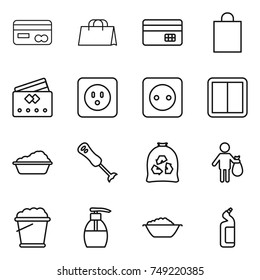 thin line icon set : card, shopping bag, credit, power socket, switch, washing, blender, garbage, trash, foam bucket, liquid soap, basin, toilet cleanser