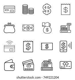 thin line icon set : card, coin stack, dollar, receipt, purse, money, gift, cashbox, tap to pay, mobile, wallet, credit