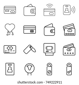 thin line icon set : card, wallet, tap to pay, pass, cardio chip, credit, label, atm, identity, sheep, do not distrub, please clean