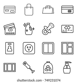 thin line icon set : card, shopping bag, credit, cleanser, nipple, identity, power socket, switch, window, blender, garbage, liquid soap