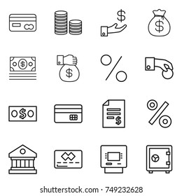 thin line icon set : card, coin stack, investment, money bag, gift, percent, hand, credit, account balance, library, atm, safe