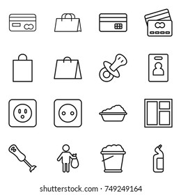 thin line icon set : card, shopping bag, credit, nipple, identity, power socket, washing, window, blender, trash, foam bucket, toilet cleanser