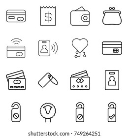 thin line icon set : card, receipt, wallet, purse, tap to pay, pass, cardio chip, credit, label, identity, do not distrub, sheep, please clean