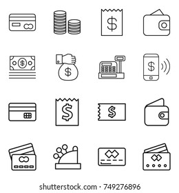 thin line icon set : card, coin stack, receipt, wallet, money, gift, cashbox, phone pay, credit