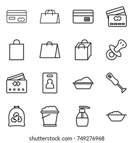 thin line icon set : card, shopping bag, credit, nipple, identity, washing, blender, garbage, foam bucket, liquid soap, basin