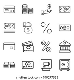thin line icon set : card, coin stack, investment, money, gift, percent, credit, library, atm, safe
