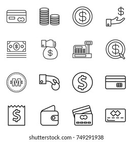 thin line icon set : card, coin stack, dollar, investment, money, gift, cashbox, arrow, crypto currency, hand, credit, receipt, wallet