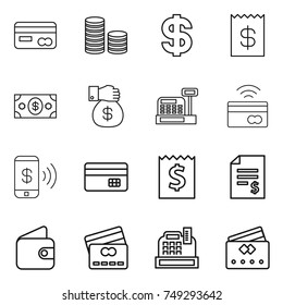 thin line icon set : card, coin stack, dollar, receipt, money, gift, cashbox, tap to pay, phone, credit, account balance, wallet