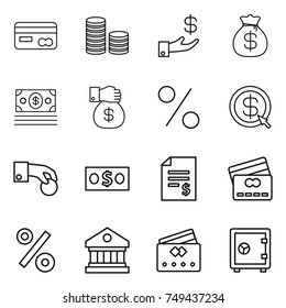 thin line icon set : card, coin stack, investment, money bag, gift, percent, dollar arrow, hand, account balance, credit, library, safe