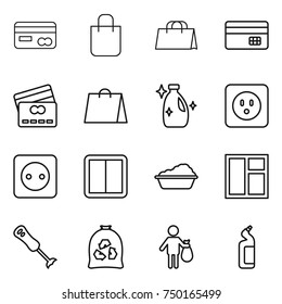 thin line icon set : card, shopping bag, credit, cleanser, power socket, switch, washing, window, blender, garbage, trash, toilet