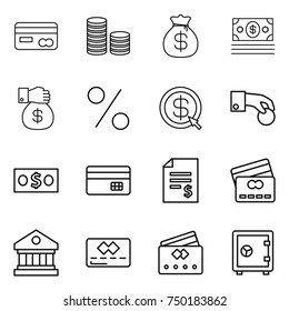 thin line icon set : card, coin stack, money bag, gift, percent, dollar arrow, hand, credit, account balance, library, safe