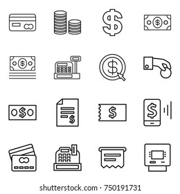 thin line icon set : card, coin stack, dollar, money, cashbox, arrow, hand, account balance, receipt, mobile pay, credit, atm