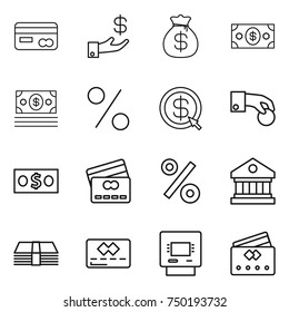 thin line icon set : card, investment, money bag, percent, dollar arrow, hand coin, credit, library, atm