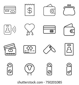 thin line icon set : card, receipt, wallet, purse, pass, cardio chip, credit, label, identity, do not distrub, sheep, please clean