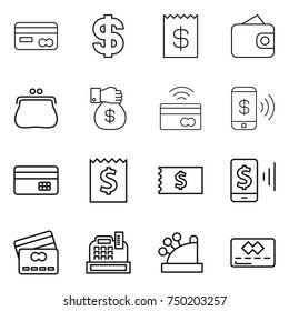 thin line icon set : card, dollar, receipt, wallet, purse, money gift, tap to pay, phone, credit, mobile, cashbox