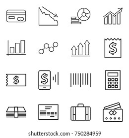 thin line icon set : card, crisis, diagram, graph, up, receipt, mobile pay, bar code, calculator, money, invoice, suitcase, credit