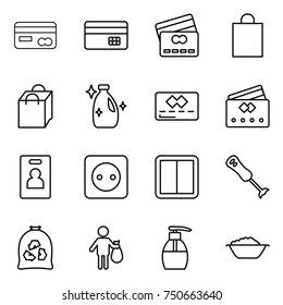 thin line icon set : card, credit, shopping bag, cleanser, identity, power socket, switch, blender, garbage, trash, liquid soap, foam basin