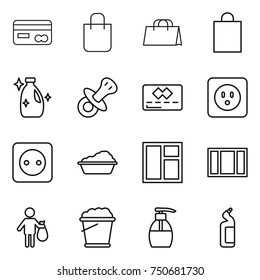 thin line icon set : card, shopping bag, cleanser, nipple, credit, power socket, washing, window, trash, foam bucket, liquid soap, toilet