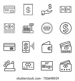 thin line icon set : card, receipt, investment, money, cashbox, crypto currency, dollar coin, credit, mobile pay, wallet, invoice