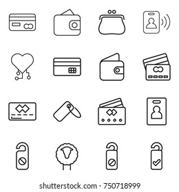 thin line icon set : card, wallet, purse, pass, cardio chip, credit, label, identity, do not distrub, sheep, please clean