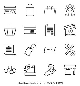 thin line icon set : card, shopping bag, medal, basket, credit, account balance, list, label, sale, percent, cashbox, real estate, shop