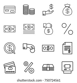 thin line icon set : card, coin stack, investment, money bag, gift, percent, dollar arrow, hand, account balance, credit, atm