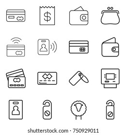 thin line icon set : card, receipt, wallet, purse, tap to pay, pass, credit, label, atm, identity, do not distrub, sheep