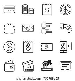 thin line icon set : card, coin stack, receipt, dollar, purse, money, diagram, hand, mobile pay, wallet, credit, cashbox, atm