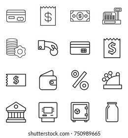 thin line icon set : card, receipt, money, cashbox, virtual mining, hand coin, credit, wallet, percent, library, atm, safe, bank