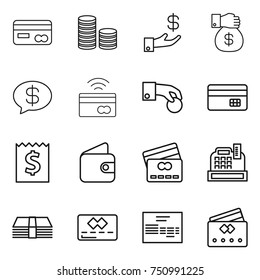 thin line icon set : card, coin stack, investment, money gift, message, tap to pay, hand, credit, receipt, wallet, cashbox, invoice