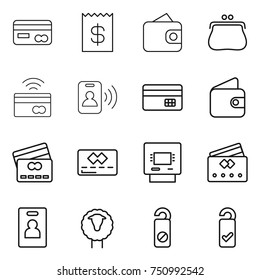 thin line icon set : card, receipt, wallet, purse, tap to pay, pass, credit, atm, identity, sheep, do not distrub, please clean