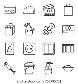 thin line icon set : card, shopping bag, credit, cleanser, nipple, identity, power socket, switch, window, blender, foam bucket, liquid soap, basin