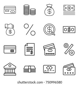 thin line icon set : card, coin stack, money bag, gift, percent, dollar arrow, credit, account balance, library