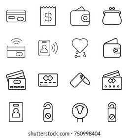 thin line icon set : card, receipt, wallet, purse, tap to pay, pass, cardio chip, credit, label, identity, do not distrub, sheep