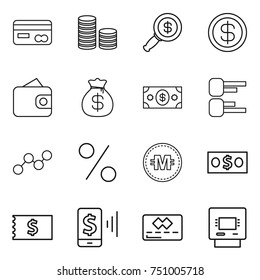 thin line icon set : card, coin stack, dollar magnifier, wallet, money bag, diagram, graph, percent, crypto currency, receipt, mobile pay, credit, atm
